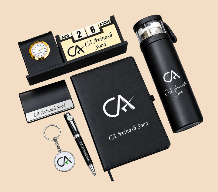 Premium Personalized Executive Gift Set with A5 Notebook, Thermos Bottle, Pen, Keychain & Desk Clock