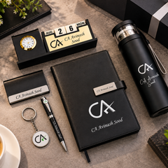 Premium Personalized Executive Gift Set with A5 Notebook, Thermos Bottle, Pen, Keychain & Desk Clock
