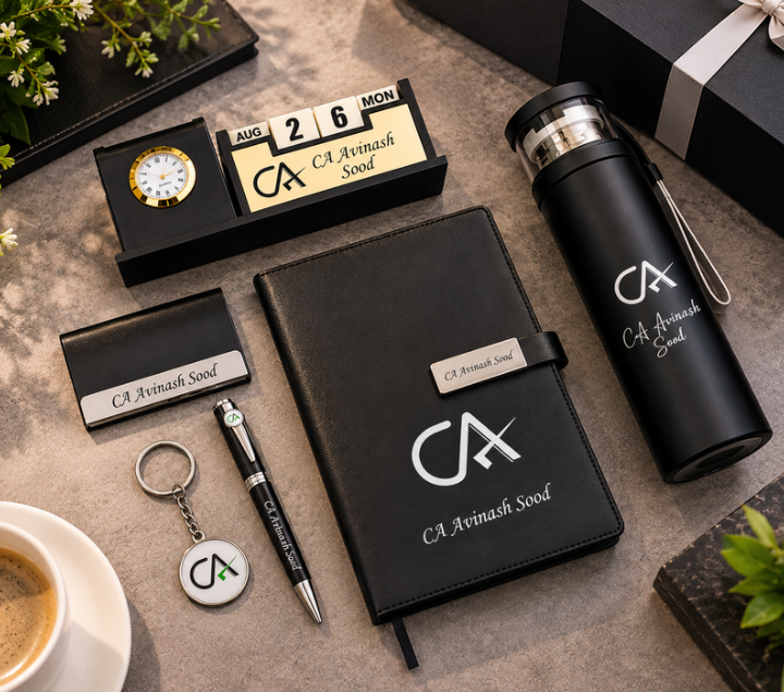 Premium Personalized Executive Gift Set with A5 Notebook, Thermos Bottle, Pen, Keychain & Desk Clock