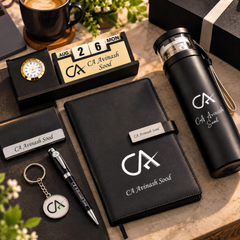Premium Personalized Executive Gift Set with A5 Notebook, Thermos Bottle, Pen, Keychain & Desk Clock