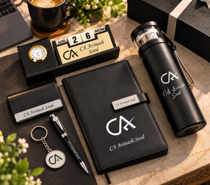 Premium Personalized Executive Gift Set with A5 Notebook, Thermos Bottle, Pen, Keychain & Desk Clock