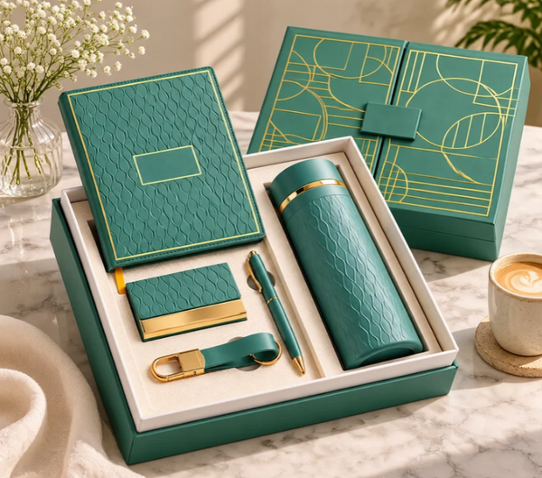 Premium Personalized Executive Gift Set with Notebook, Thermal Bottle, Pen, Card Holder & Keychain