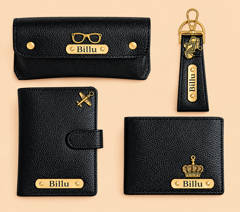 Personalized Premium Leather Accessories Gift Set – Wallet, Sunglasses Case, Card Holder & Keychain