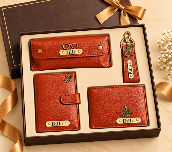 Personalized Premium Leather Accessories Gift Set – Wallet, Sunglasses Case, Card Holder & Keychain