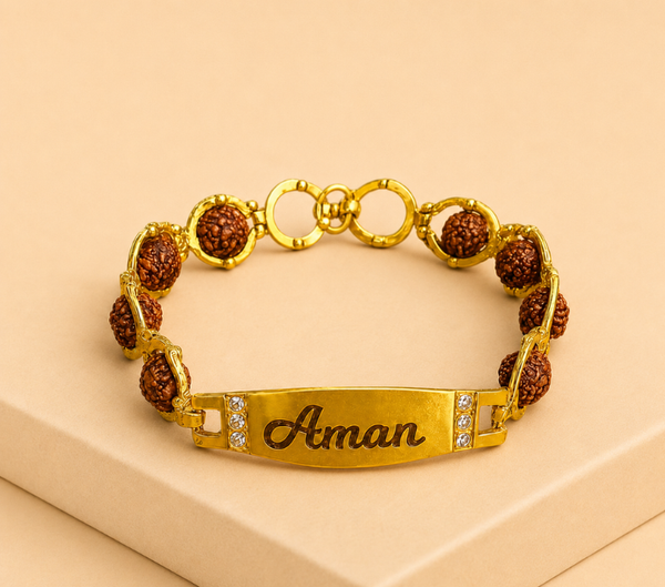 Personalized Rudraksha ID Bracelet – Golden Name Plate