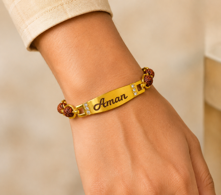 Personalized Rudraksha ID Bracelet – Golden Name Plate