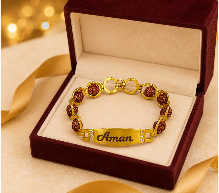 Personalized Rudraksha ID Bracelet – Golden Name Plate